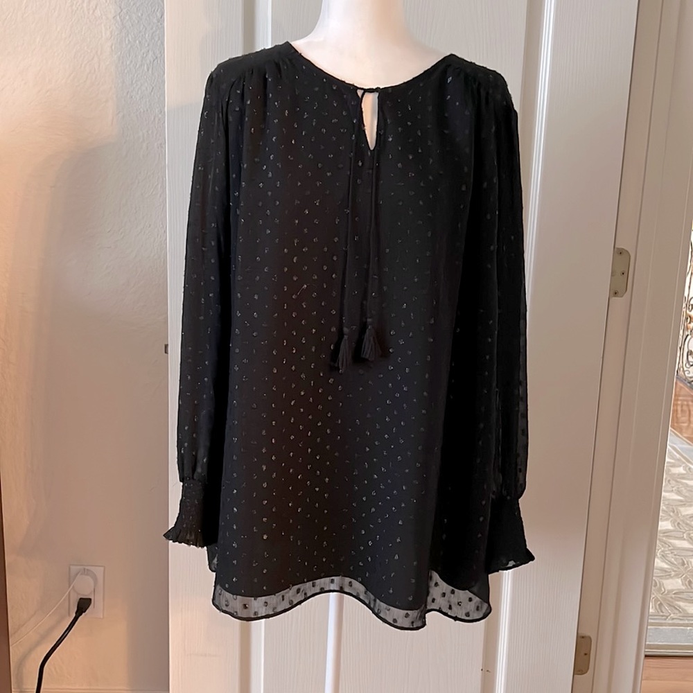Gorgeous black top with shiny black polka dots